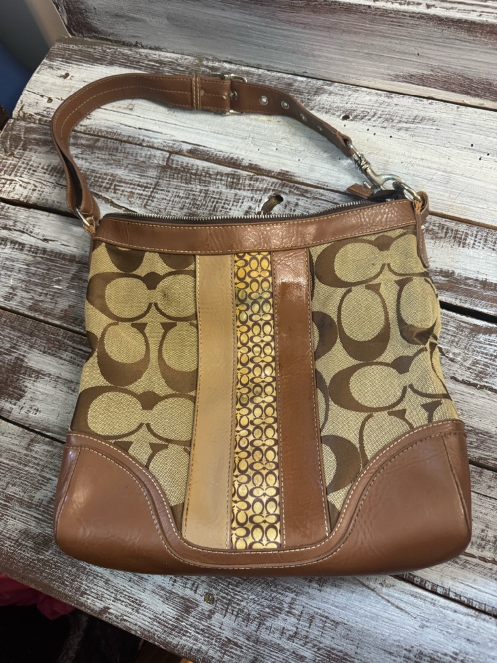 Coach Brown Signature Canvas & Leather Shoulder Bag with Stripe Detail